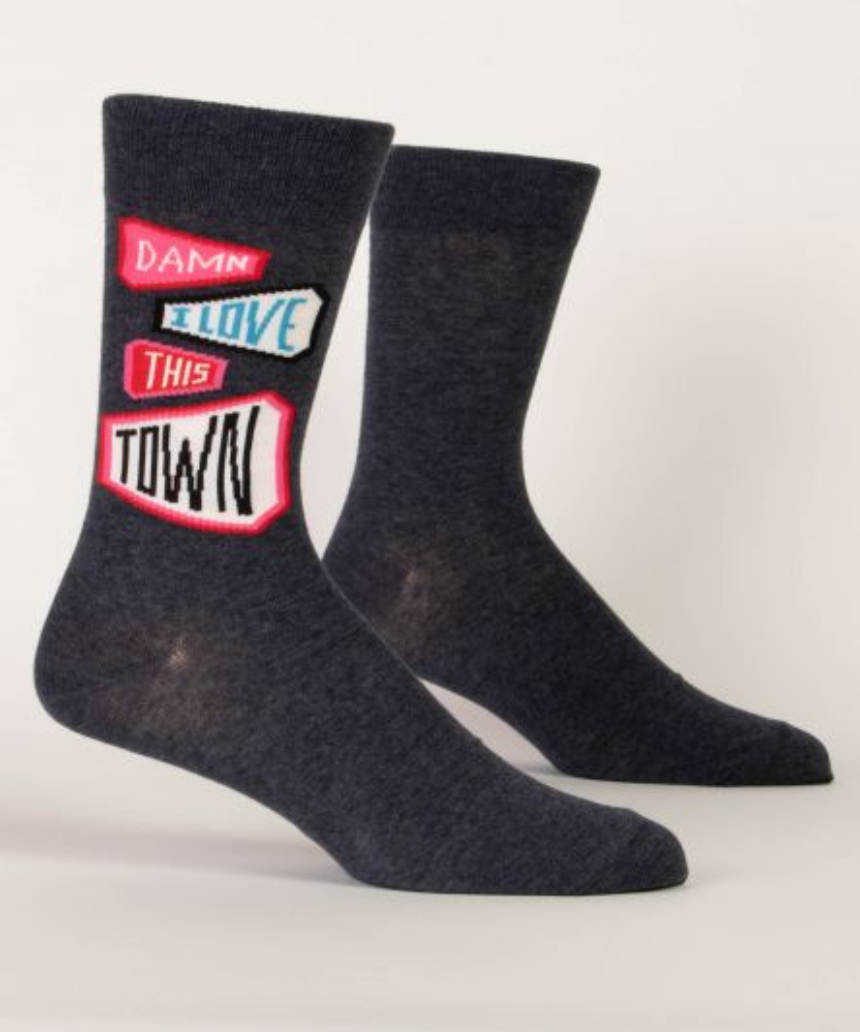 Blue Q Damn I Love This Town M-Crew Socks featuring a vibrant design, made of comfortable cotton, showcasing urban-inspired artwork.