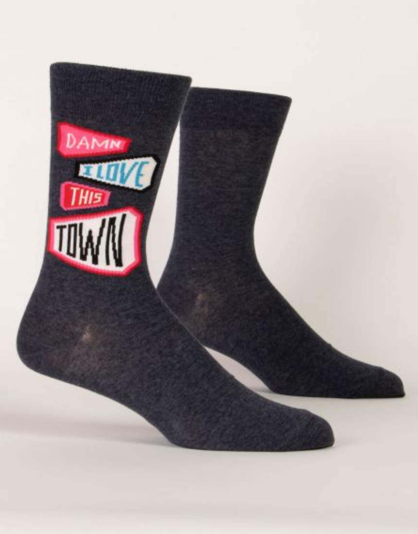 Blue Q Damn I Love This Town M-Crew Socks featuring a vibrant design, made of comfortable cotton, showcasing urban-inspired artwork.