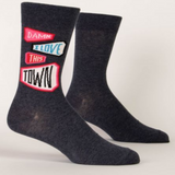 Blue Q Damn I Love This Town M-Crew Socks featuring a vibrant design, made of comfortable cotton, showcasing urban-inspired artwork.