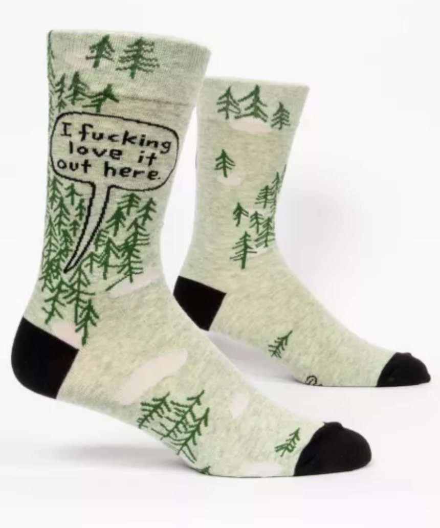 Blue Q I Love It Out Here M-Crew Socks, blue crew-length socks with fun printed design in a close-up view