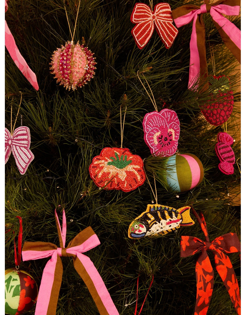 Bonnie & Neil red beaded bow Christmas decoration, festive ornament displayed against a plain background