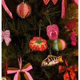 Bonnie & Neil red beaded bow Christmas decoration, festive ornament displayed against a plain background