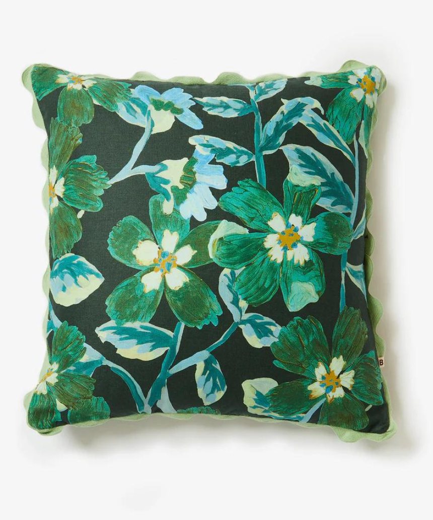Bonnie and Neil Cosmos Green Cushion, 50cm, with vibrant botanical print on soft fabric.