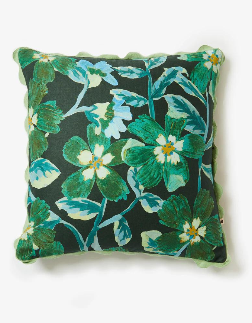 Bonnie and Neil Cosmos Green Cushion, 50cm, with vibrant botanical print on soft fabric.