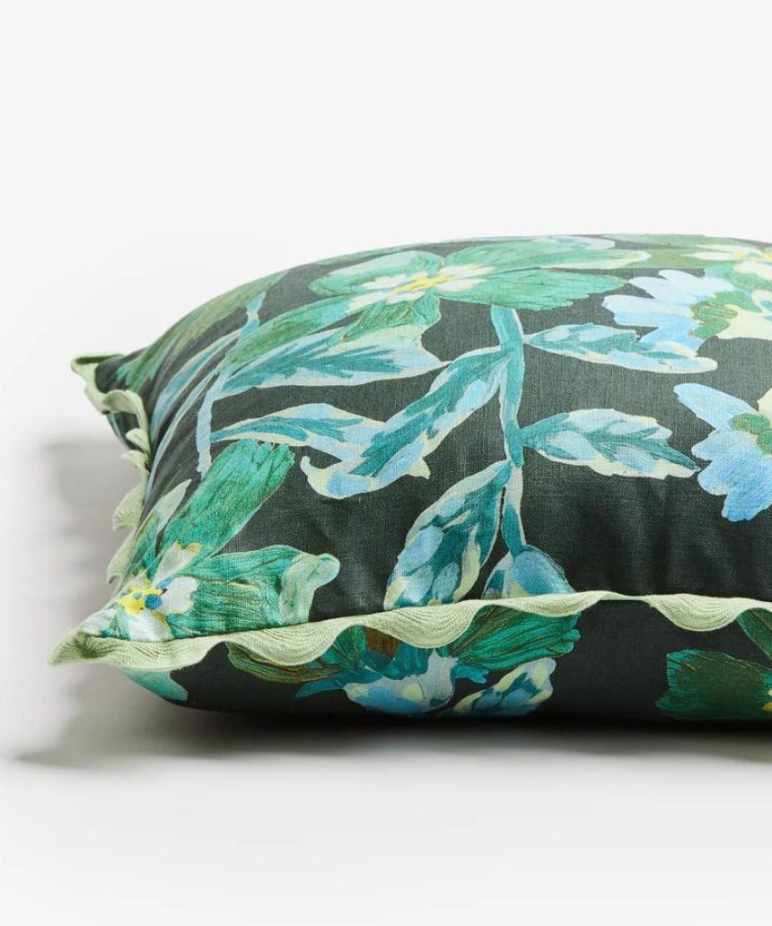 Bonnie and Neil Cosmos Green Cushion, 50cm, featuring a vibrant floral pattern on soft fabric for decorative comfort.