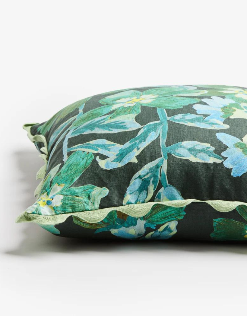 Bonnie and Neil Cosmos Green Cushion, 50cm, featuring a vibrant floral pattern on soft fabric for decorative comfort.