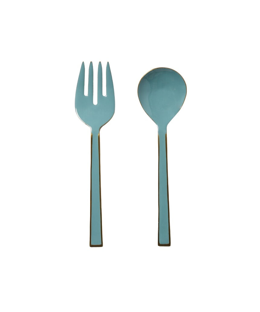 Bonnie & Neil enamel salad servers in dusty blue with silver-tone handles, perfect for serving salads in a stylish kitchen.