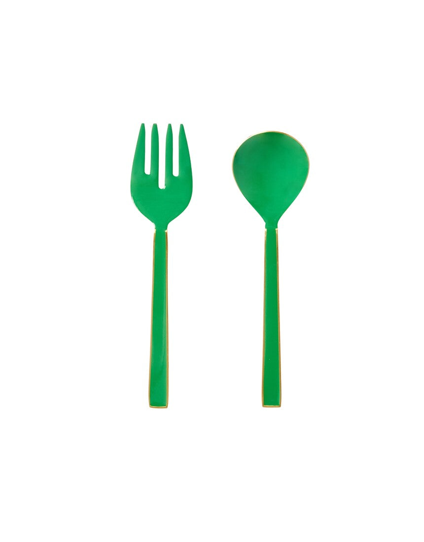 Bonnie & Neil emerald enamel salad servers with sleek handles and serving spoons, perfect for stylish salads and table presentation.
