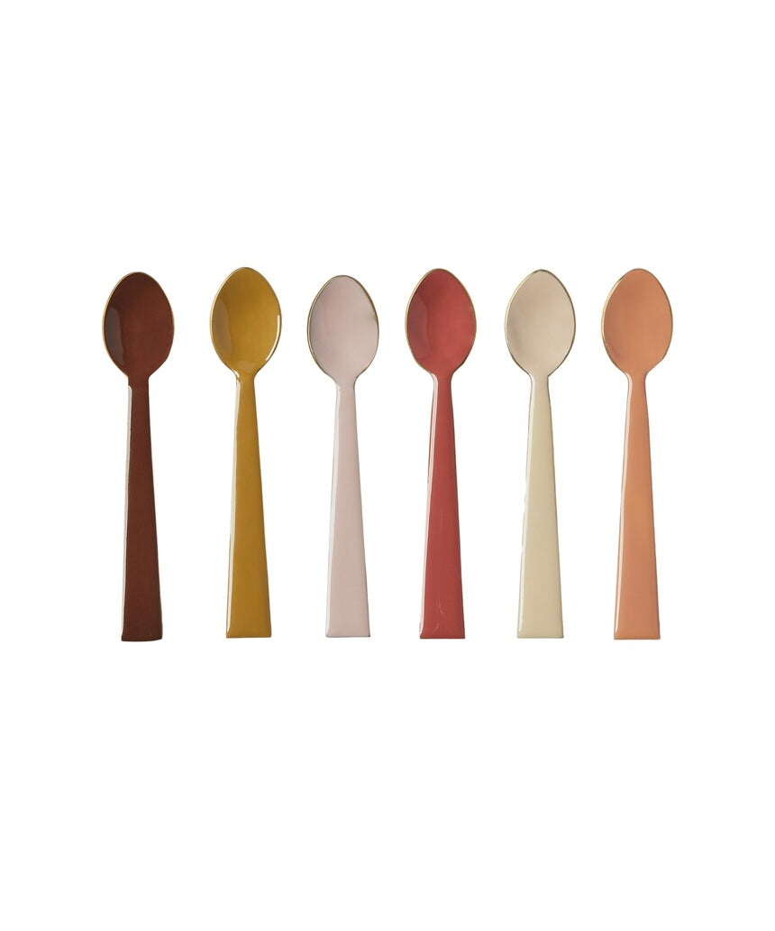 Bonnie & Neil enamel teaspoon set in earthy tones, featuring four small, colorful spoons with a vintage-inspired design.