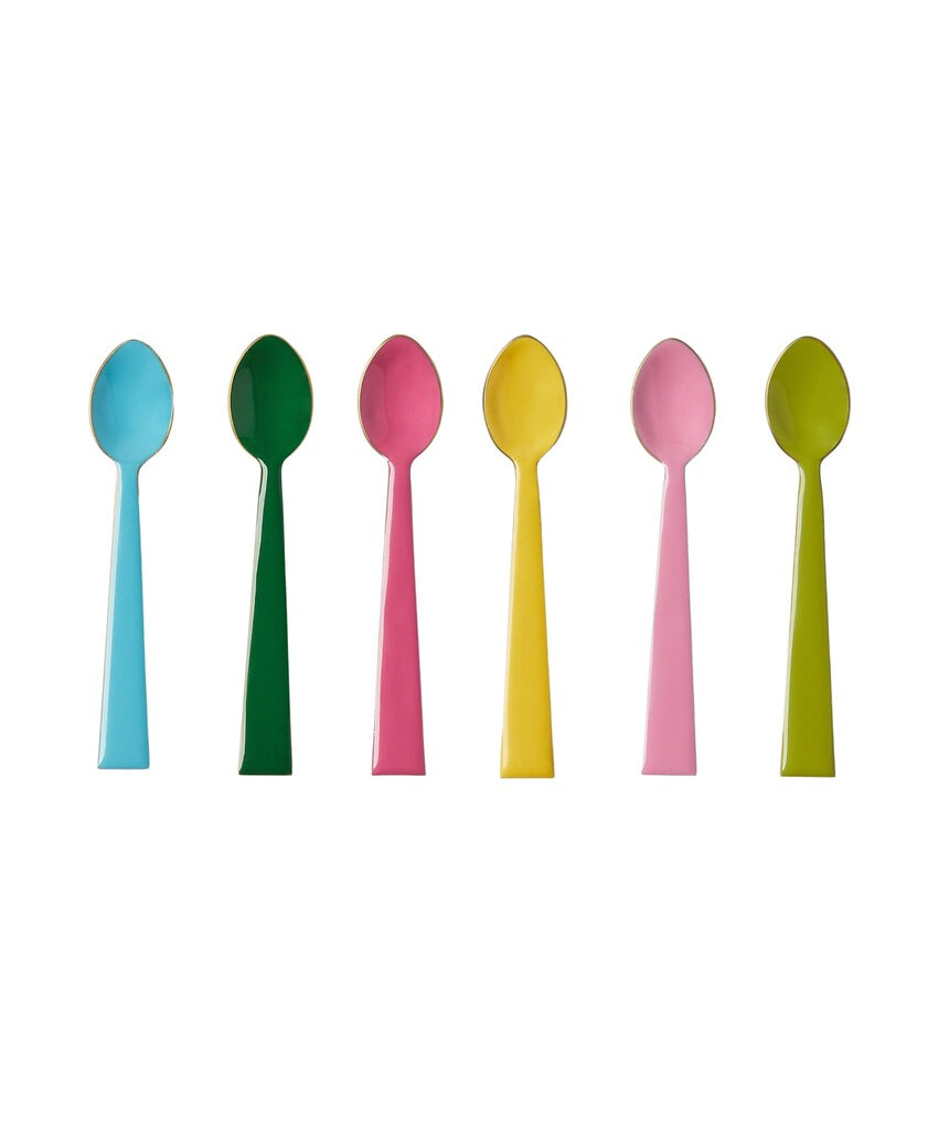 Set of Bonnie & Neil enamel teaspoons in various colors, showcasing vibrant, decorative handles on a white background.