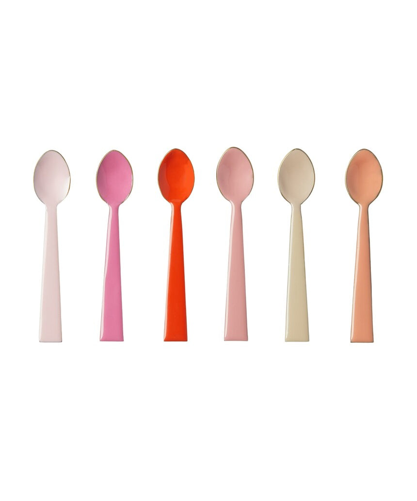 Bonnie and Neil enamel teaspoon set with rose pattern, featuring four small, colorful teaspoons for tea or dessert use.