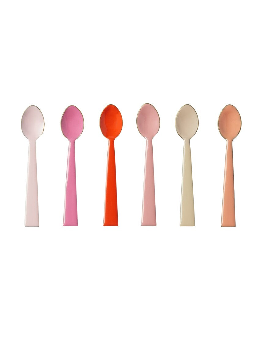 Bonnie and Neil enamel teaspoon set with rose pattern, featuring four small, colorful teaspoons for tea or dessert use.