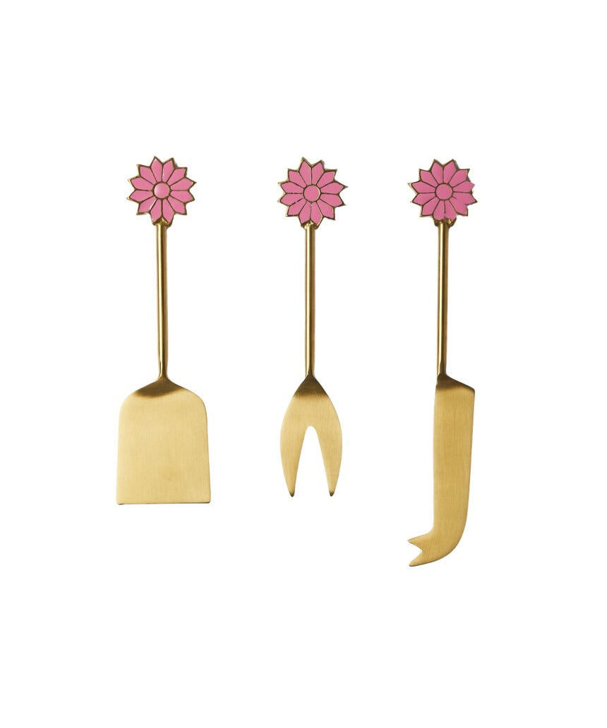 Bonnie and Neil Petal Cheese Knife Set in Berry with four elegant cheese knives and floral-patterned handles.