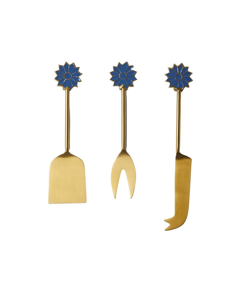 Blue Bonnie & Neil Petal Cheese Knife Set with floral petal design, featuring three cheese knives on a white background.