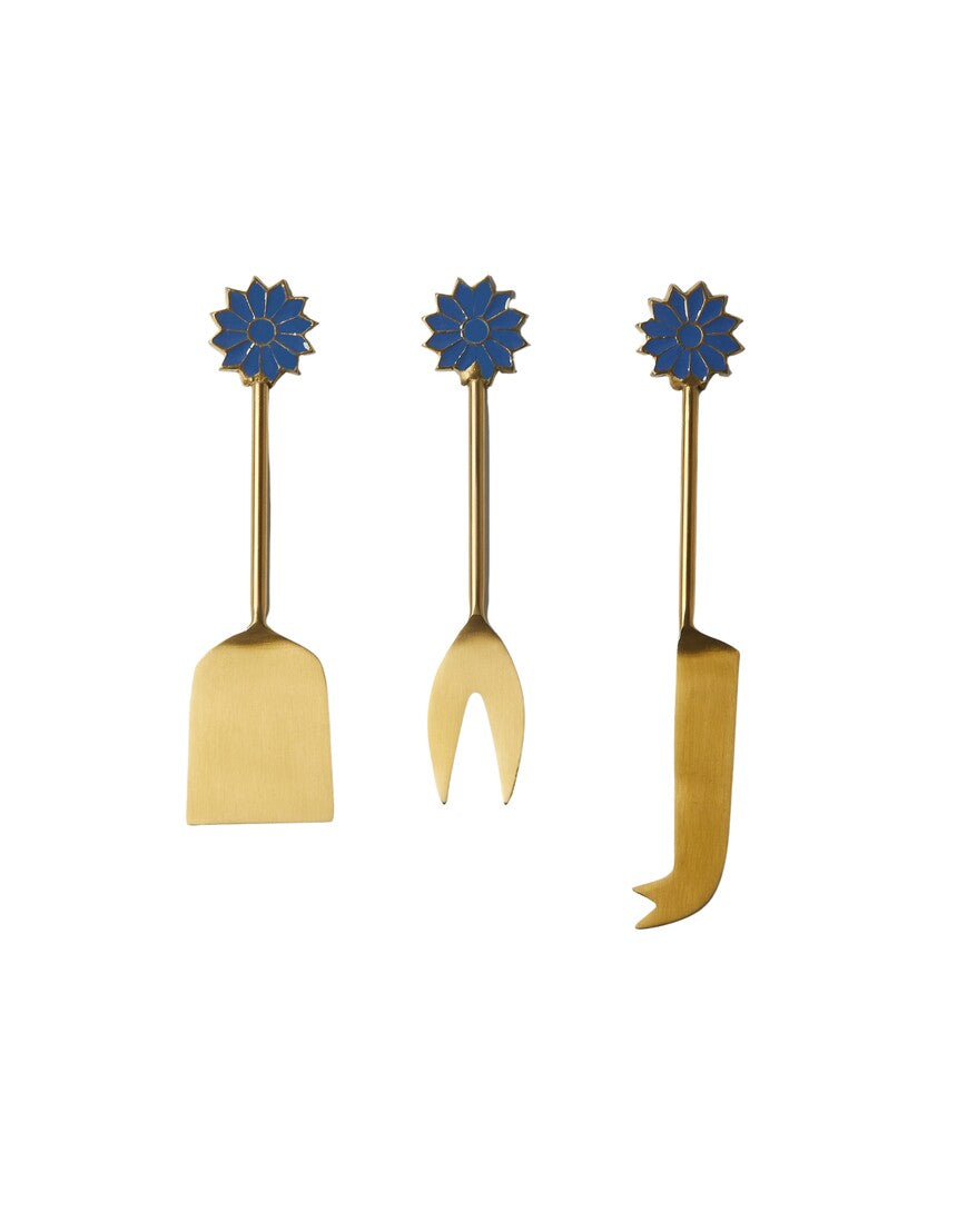 Blue Bonnie & Neil Petal Cheese Knife Set with floral petal design, featuring three cheese knives on a white background.