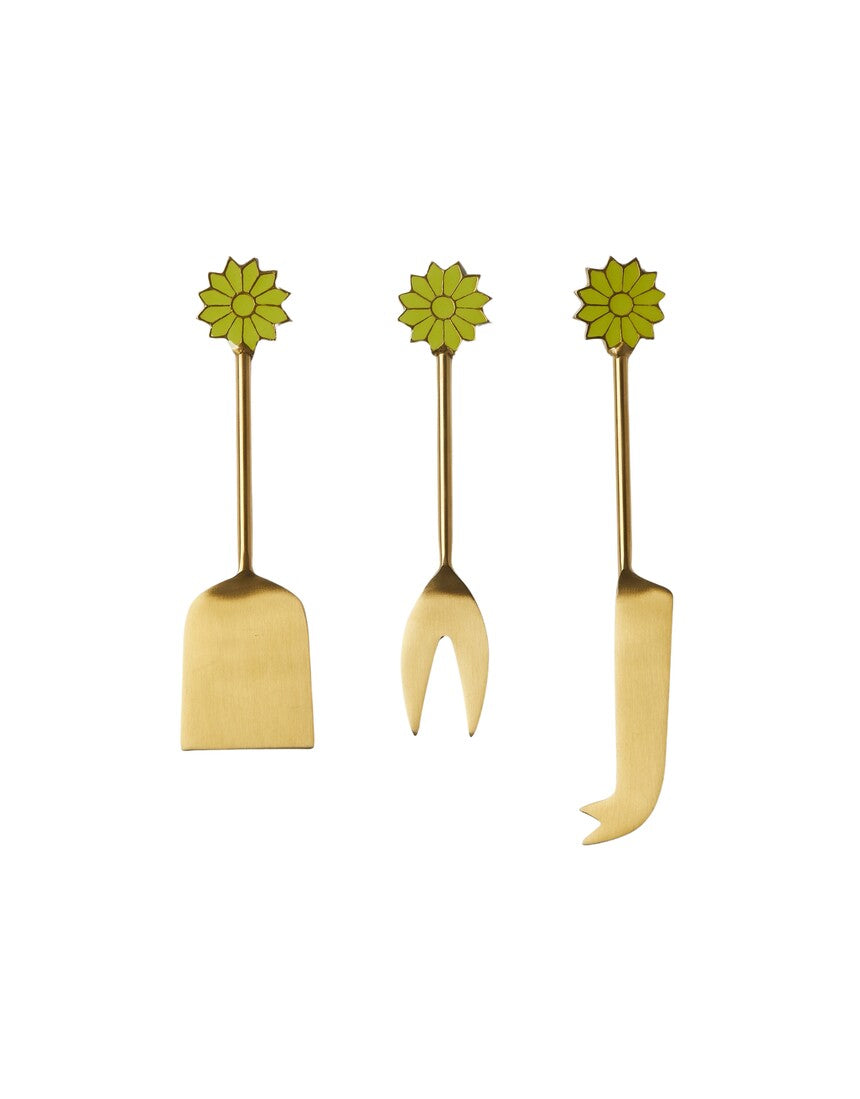Bonnie & Neil Petal Cheese Knife Set in green with flower-shaped handles, perfect for serving cheese.