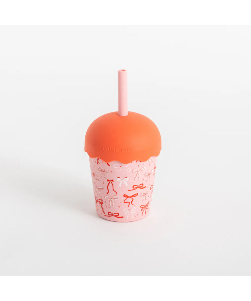 Chino Club Bows Mini Smoothie Cup with Straw, 200ml, kids' colorful plastic cup featuring bow design and a reusable straw.