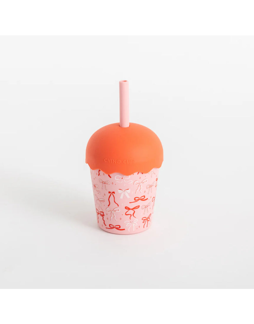 Chino Club Bows Mini Smoothie Cup with Straw, 200ml, kids' colorful plastic cup featuring bow design and a reusable straw.
