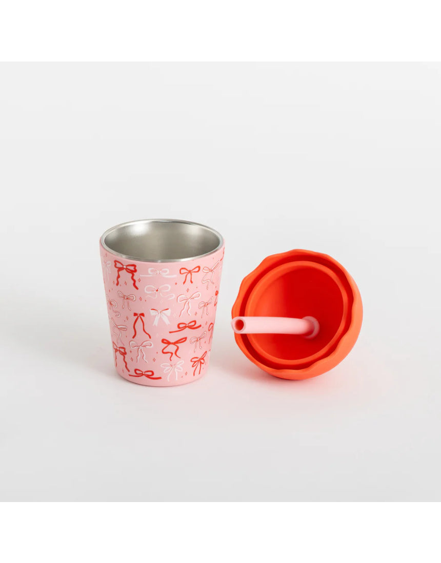 Chino Club Bows Mini Smoothie Cup with 200ml capacity and straw, shown with lid removed, ideal for kids' drinks.