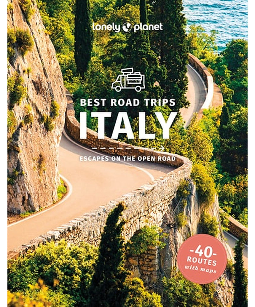 Brumby Sunstate Lonely Planet Best Road Trips Italy book cover with scenic Italian landscape and road imagery.