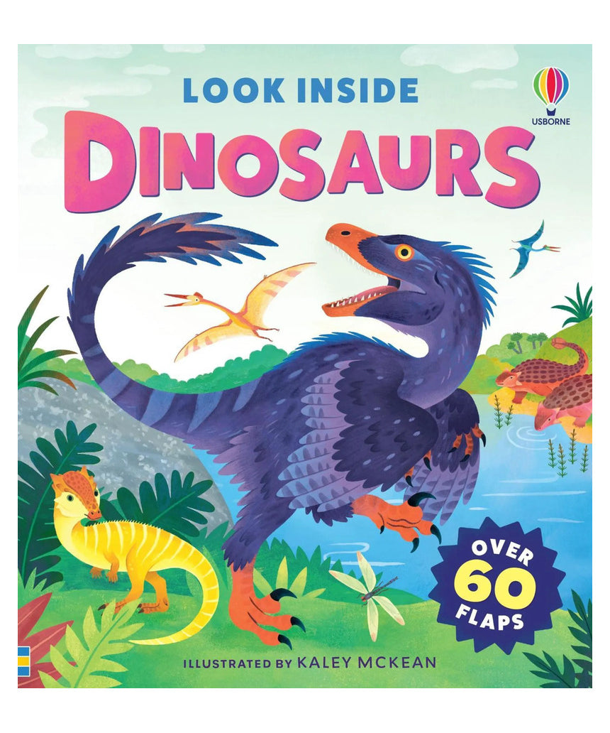 Brumby Sunstate Look Inside Dinosaurs book showing colorful illustrations and detailed pages about various dinosaurs.
