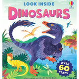 Brumby Sunstate Look Inside Dinosaurs book showing colorful illustrations and detailed pages about various dinosaurs.
