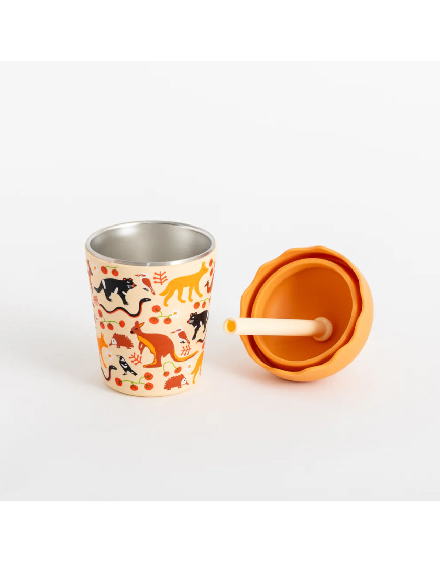 Chino Club Aussie Animals mini smoothie cup with lid off, featuring colorful animal illustrations and a straw for kids.