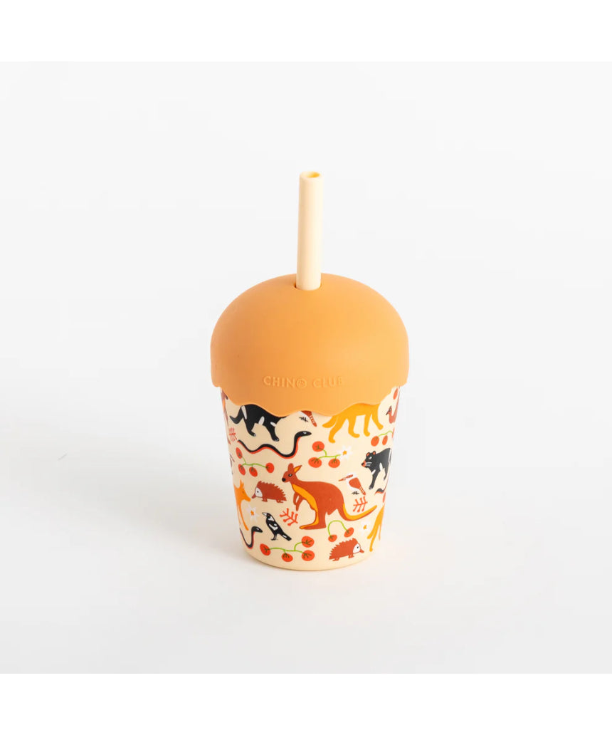 Chino Club kids' smoothie cup featuring colorful Australian bush tucker animals and a straw, 200ml capacity.