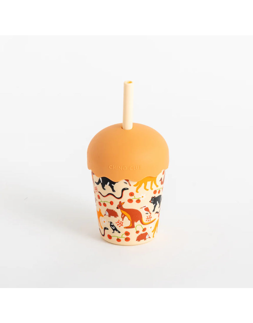 Chino Club kids' smoothie cup featuring colorful Australian bush tucker animals and a straw, 200ml capacity.
