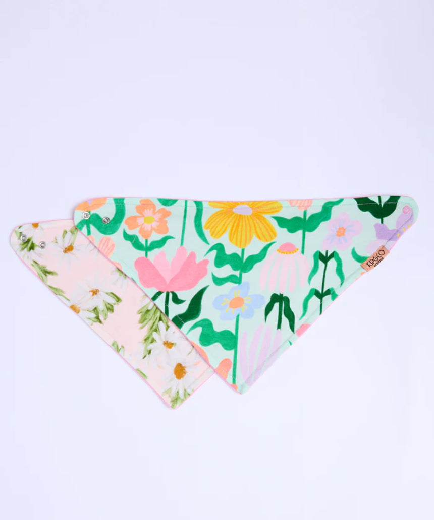 Kip & Co Sweet Flowers dribble bib set featuring colorful floral patterns on soft fabric for babies.
