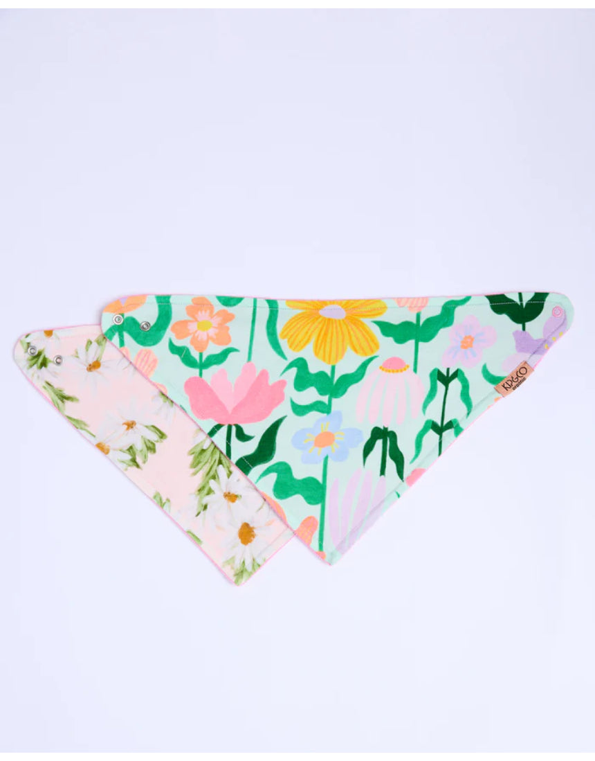 Kip & Co Sweet Flowers dribble bib set featuring colorful floral patterns on soft fabric for babies.