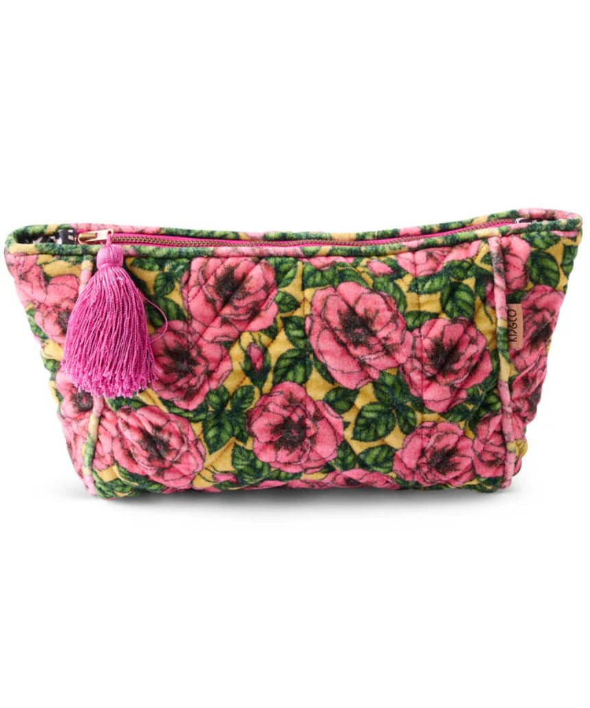 Kip & Co Golden Peony velvet toiletry bag with gold zipper, soft fabric, and elegant floral design, perfect for accessories storage.