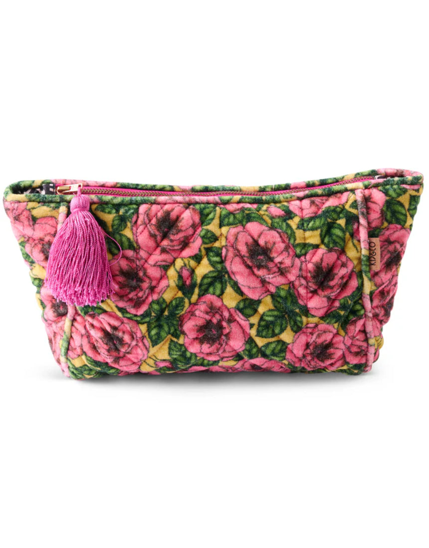 Kip & Co Golden Peony velvet toiletry bag with gold zipper, soft fabric, and elegant floral design, perfect for accessories storage.