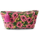 Kip & Co Golden Peony velvet toiletry bag with gold zipper, soft fabric, and elegant floral design, perfect for accessories storage.