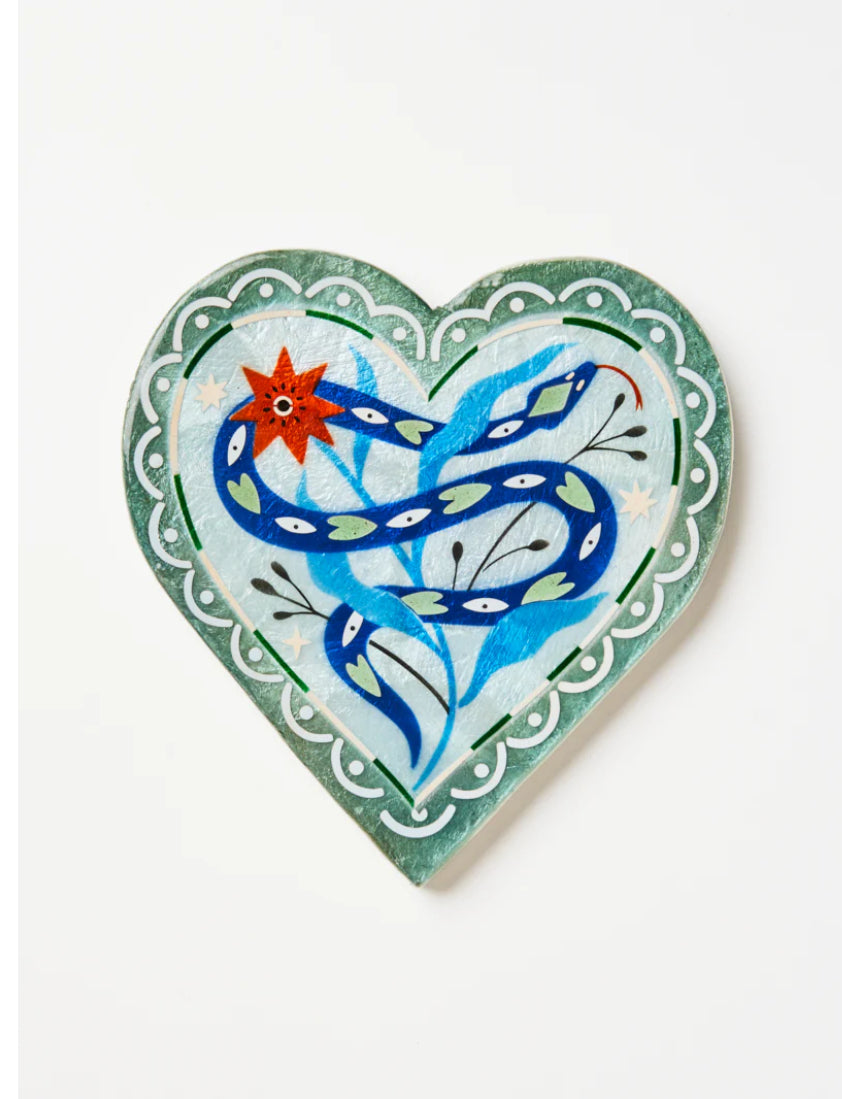 Jones & Co Fable Snake Blue Heart wall decor featuring a decorative snake shape with blue heart accents on a neutral background.