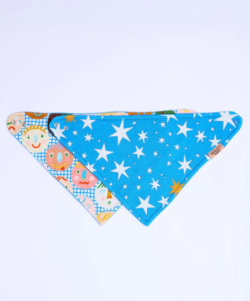 Kip & Co Happy Stars dribble bib set featuring colorful star patterns on soft fabric for babies.