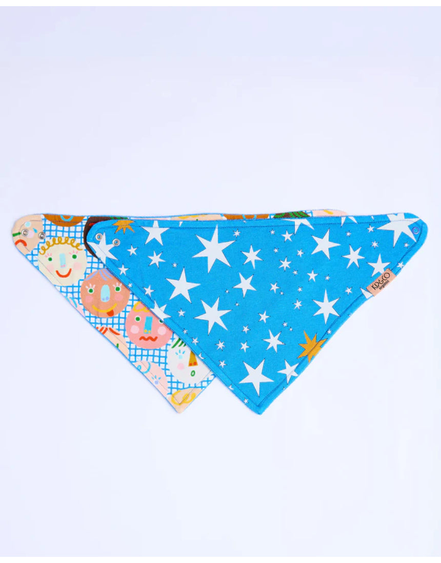 Kip & Co Happy Stars dribble bib set featuring colorful star patterns on soft fabric for babies.