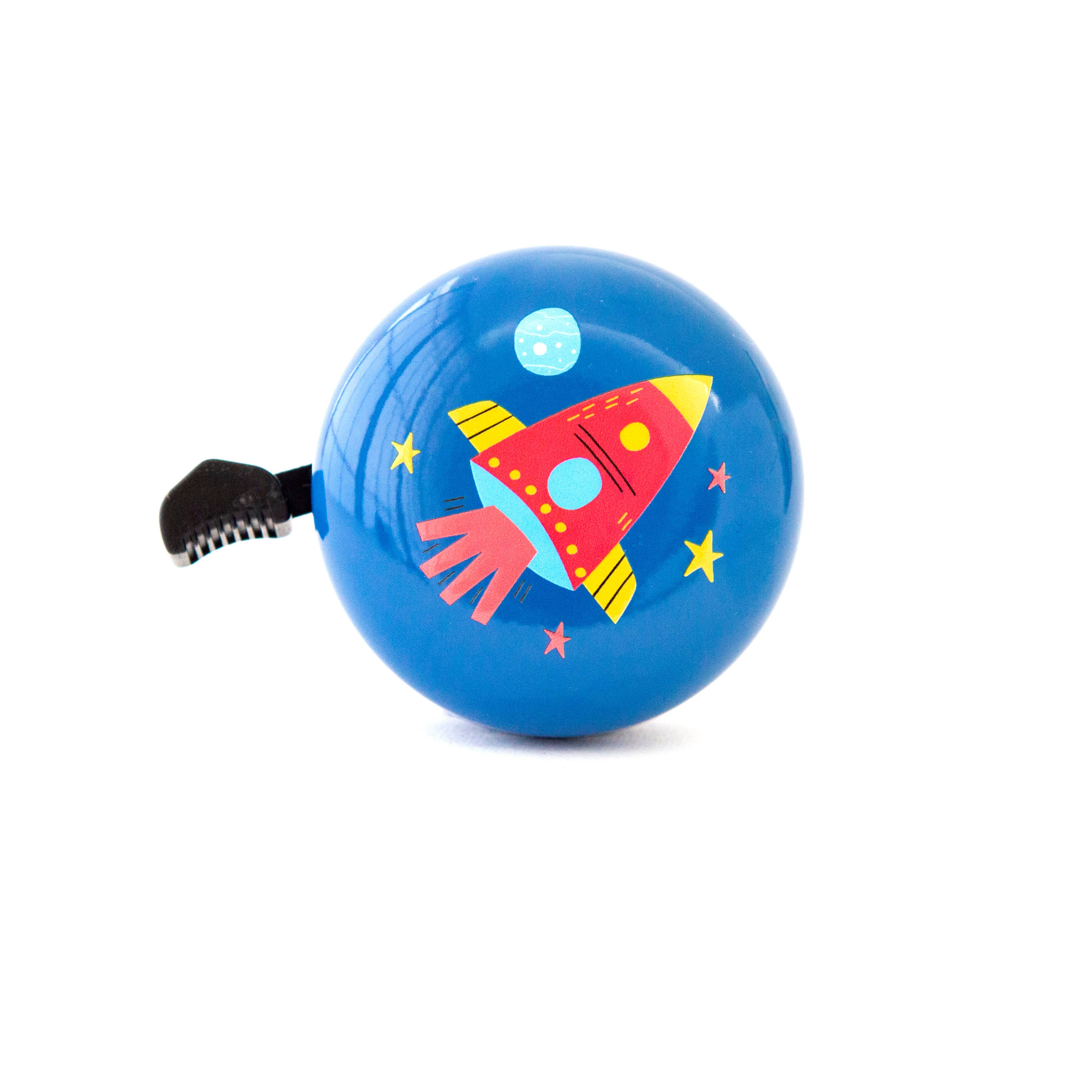 Blue Beep Rocket Bike and Scooter Bell mounted on a bike handlebar, featuring a sleek, space-themed design for safe riding.