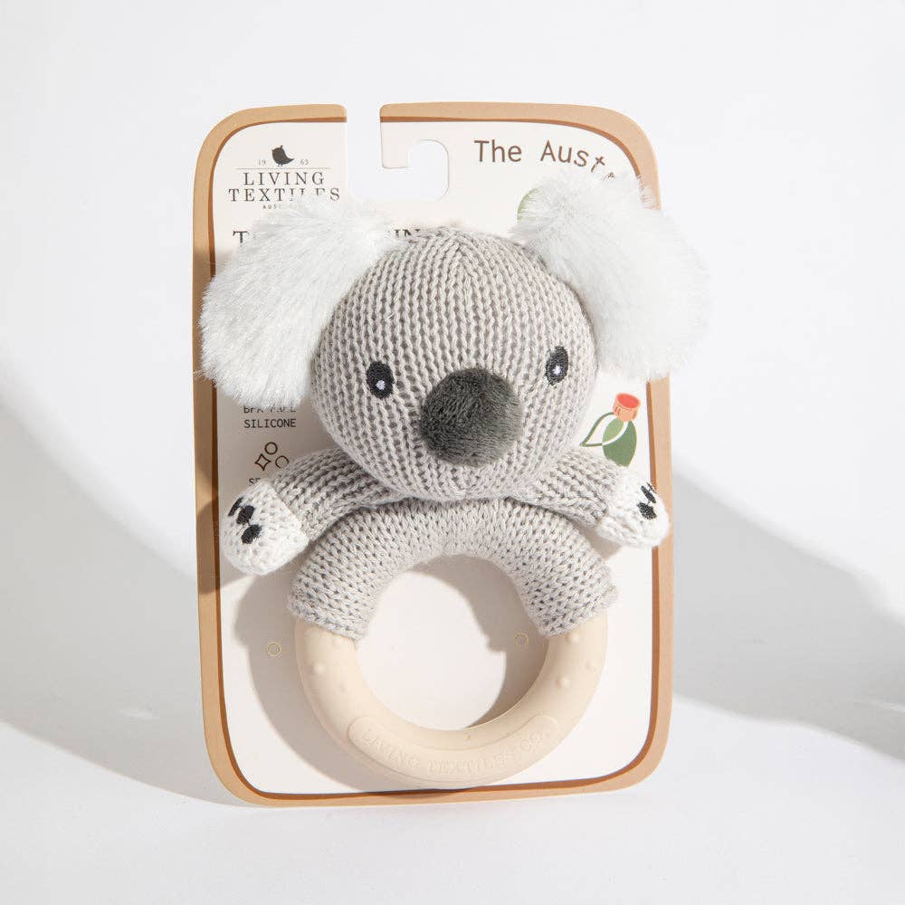 Living Textiles Ring Rattle featuring a cute koala design, soft fabric and colorful patterns for sensory development.