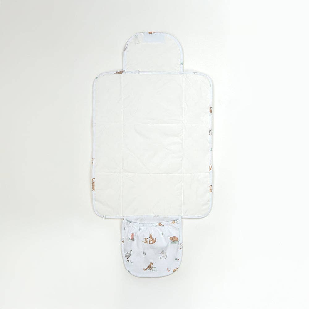 Living Textiles waterproof travel change mat featuring Australasian-inspired print, soft fabric, and secure sides for baby changing on the go.