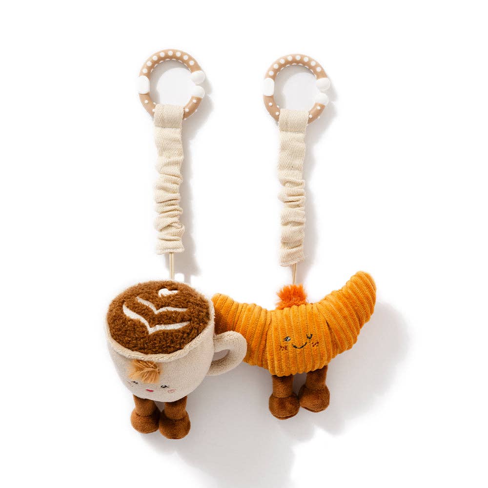 Living Textiles 2-Pack Mini Market Brunch Stroller Toys featuring a coffee cup and croissant, colorful and soft for babies.
