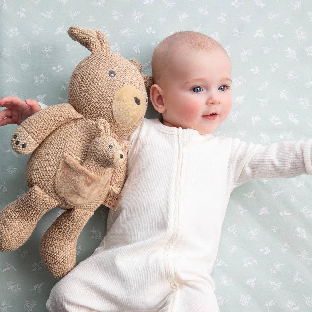 Living Textiles Kylie the Kangaroo knitted toy, soft plush kangaroo for children, with detailed knitted texture and cute features.