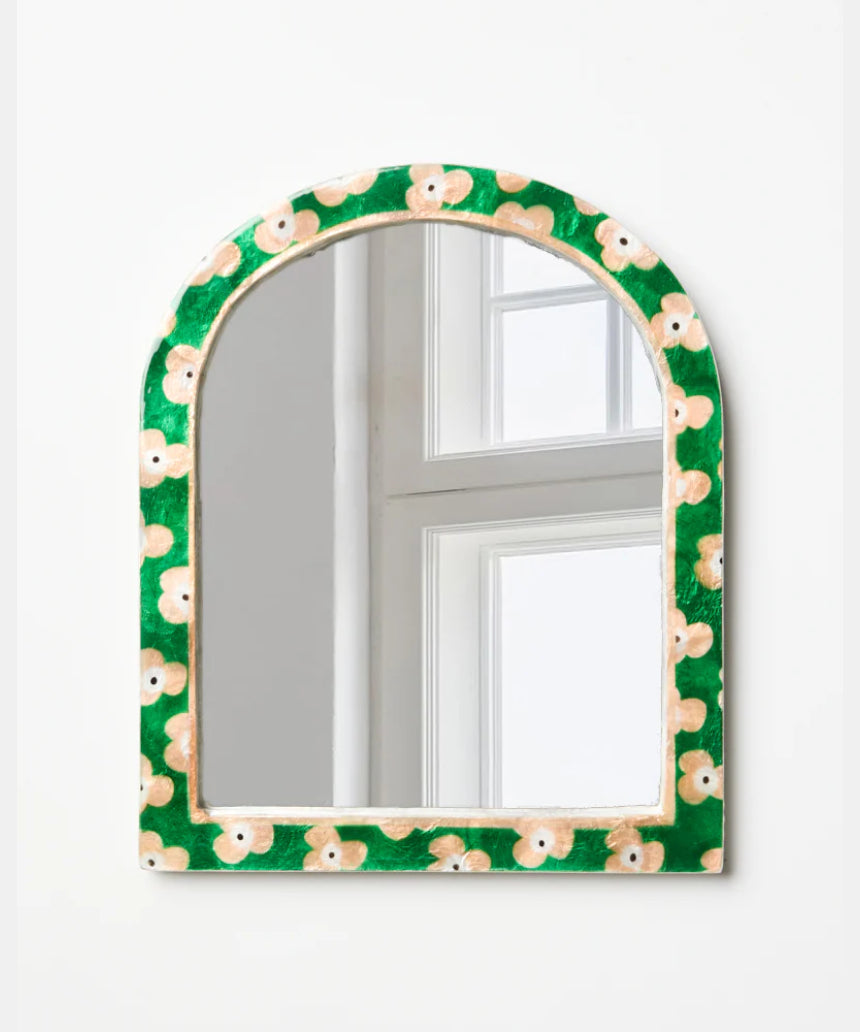 Jones & Co Paradis Green Floral Mirror featuring a decorative frame with vibrant green floral design and reflective glass surface.
