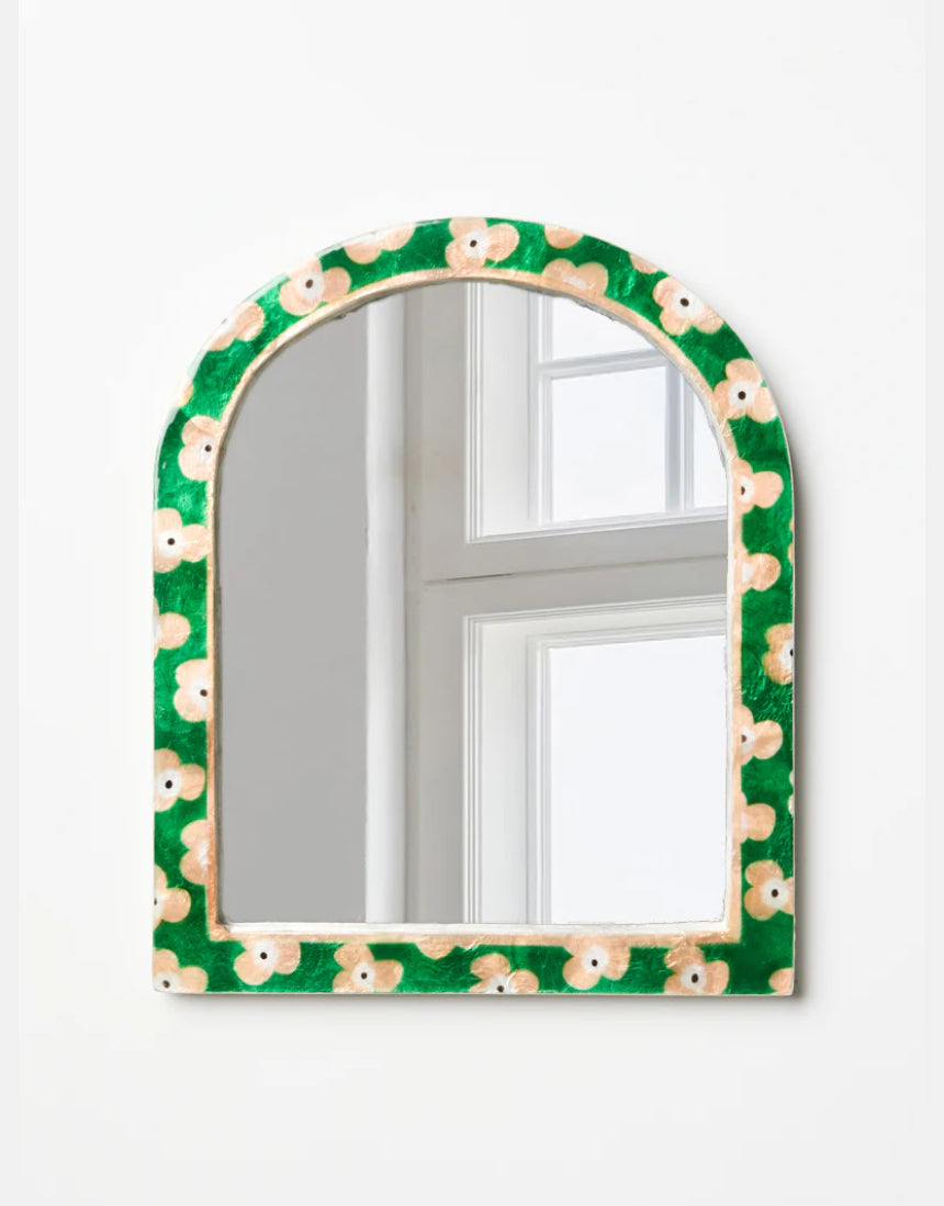 Jones & Co Paradis Green Floral Mirror featuring a decorative frame with vibrant green floral design and reflective glass surface.