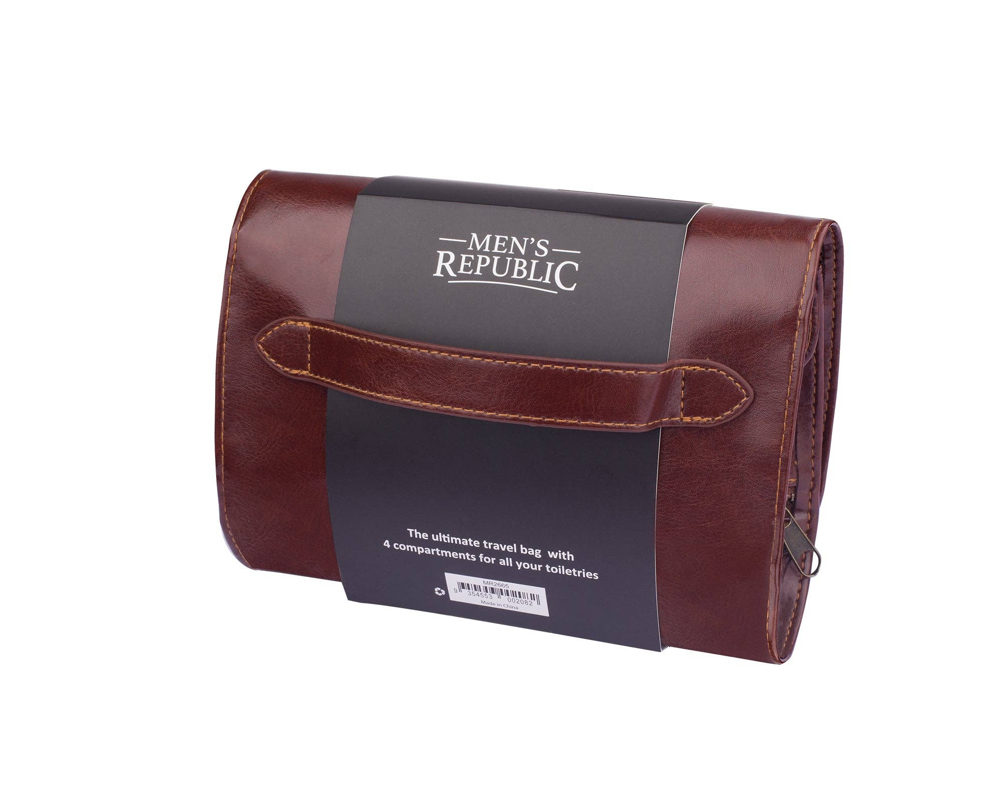 Men's Republic travel toiletry bag with hanger, compact cosmetic and toiletry bag for men's grooming essentials, black fabric with compartments.