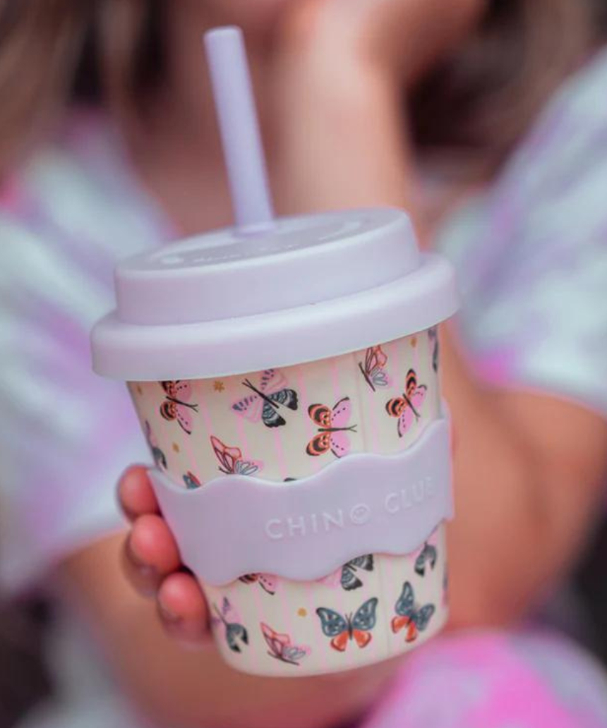 Chino Club Butterfly Baby Chino Cup, 4oz kids cup with butterfly design, made for young children, durable and easy to hold.