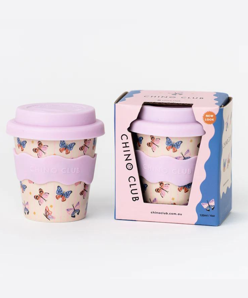 Chino Club Butterfly Baby Chino Cup, 4oz kids cup with butterfly design, suitable for young children.