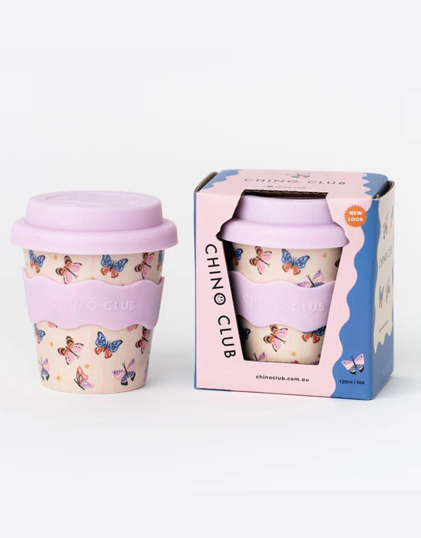 Chino Club Butterfly Baby Chino Cup, 4oz kids cup with butterfly design, suitable for young children.