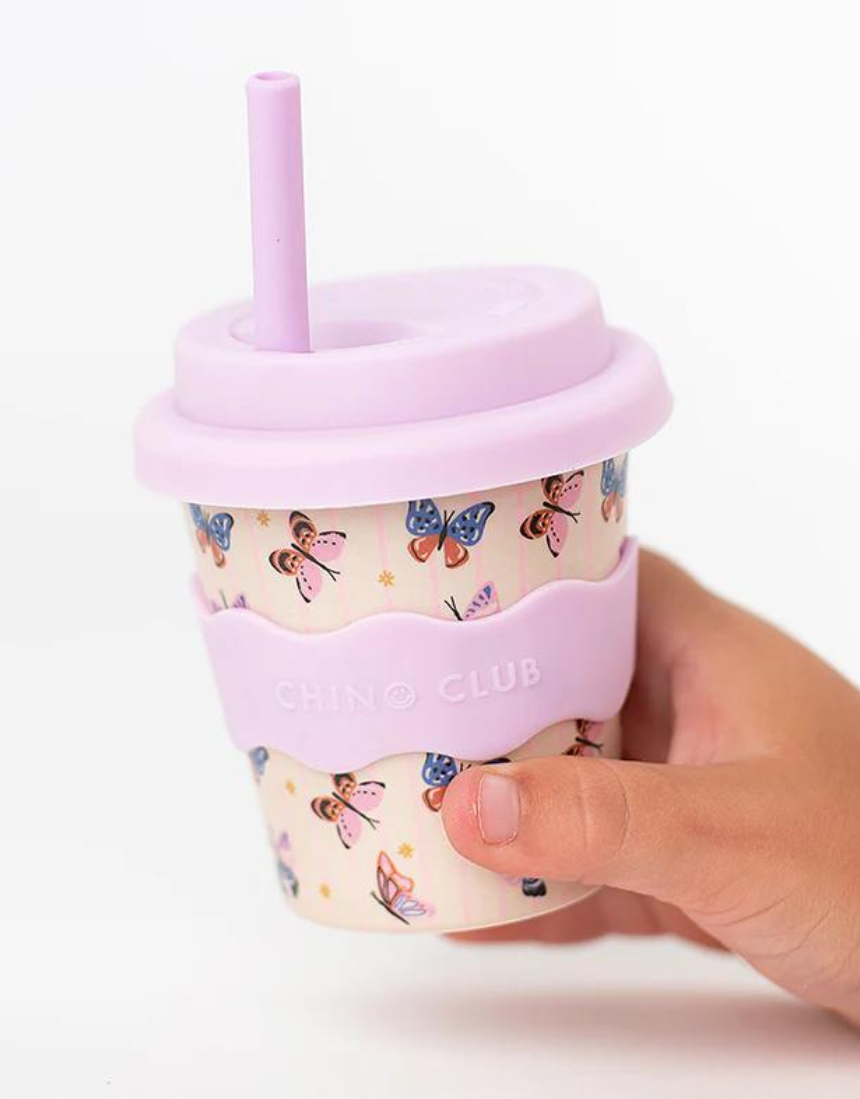 Chino Club Butterfly Baby Chino Cup 4oz for kids, featuring colorful butterfly design on small children's cup.