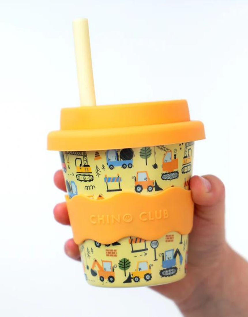 Chino Club Digger Baby Chino Cup 4oz, kids' drinking cup with colorful design and sturdy handle for little hands.
